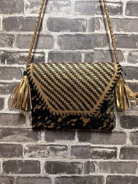Leather, Fur & Suede Gold and Black Woven Tassel Crossbody Bag